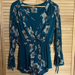 Free People Teal Floral layered bell sleeve top M